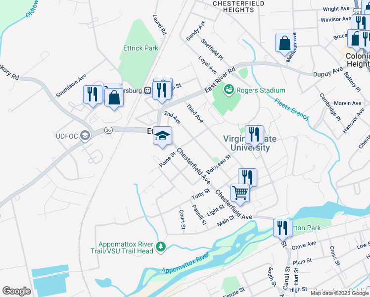 map of restaurants, bars, coffee shops, grocery stores, and more near 21003 Chesterfield Avenue in Ettrick