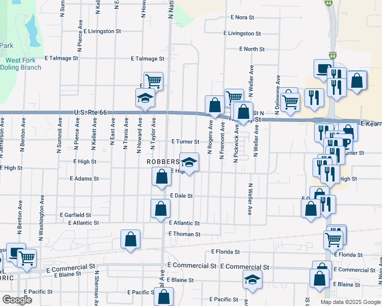 map of restaurants, bars, coffee shops, grocery stores, and more near 2223 North Prospect Avenue in Springfield