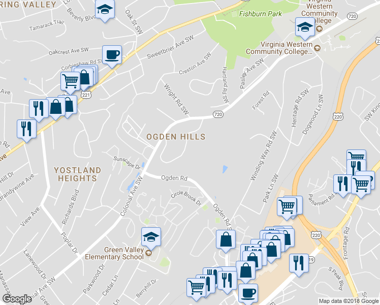 map of restaurants, bars, coffee shops, grocery stores, and more near 3260 Woodland Drive Southwest in Roanoke