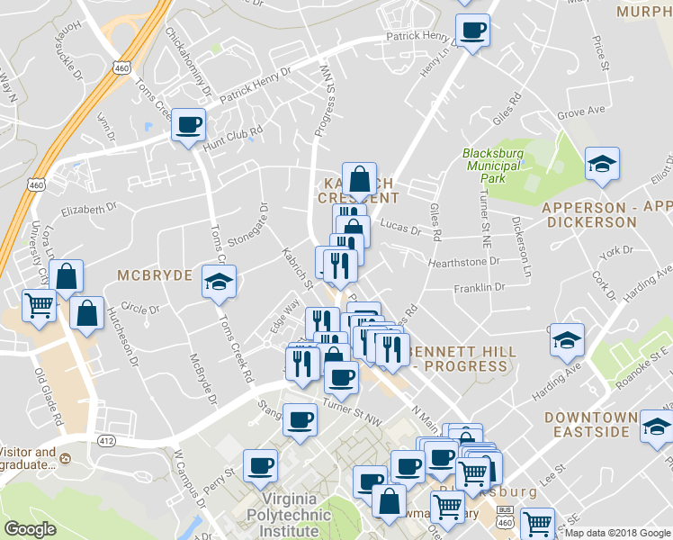 map of restaurants, bars, coffee shops, grocery stores, and more near 1000 Progress Street Northwest in Blacksburg