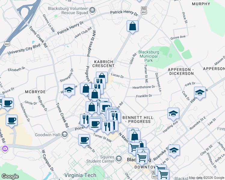 map of restaurants, bars, coffee shops, grocery stores, and more near 818 Montgomery Street in Blacksburg