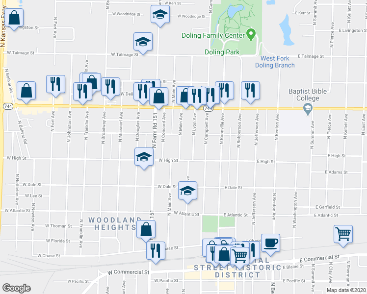 map of restaurants, bars, coffee shops, grocery stores, and more near 2232 North Main Avenue in Springfield
