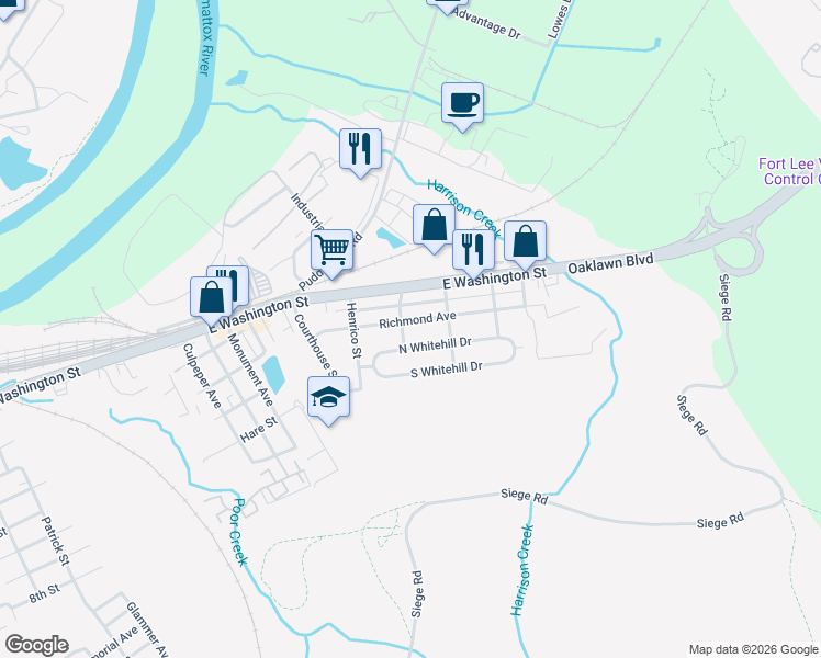 map of restaurants, bars, coffee shops, grocery stores, and more near 2111 North Whitehill Drive in Petersburg
