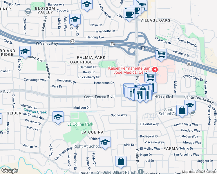 map of restaurants, bars, coffee shops, grocery stores, and more near 306 Henderson Drive in San Jose