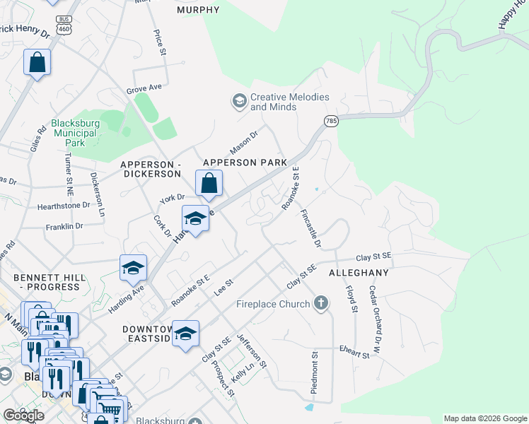 map of restaurants, bars, coffee shops, grocery stores, and more near 900-1098 Roanoke Street East in Blacksburg