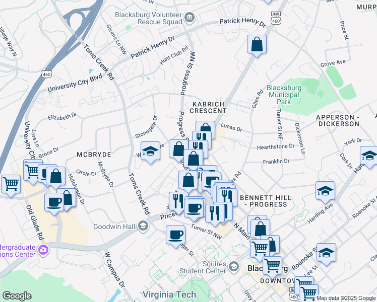 map of restaurants, bars, coffee shops, grocery stores, and more near 900-902 Kabrich Street in Blacksburg