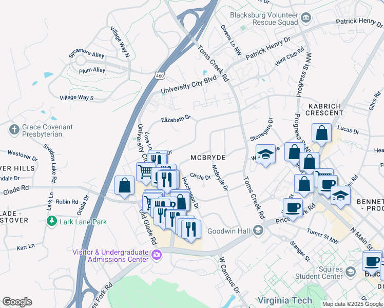 map of restaurants, bars, coffee shops, grocery stores, and more near 856 Hutcheson Drive in Blacksburg