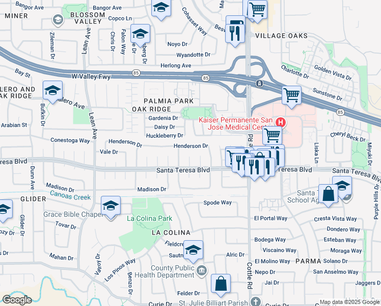 map of restaurants, bars, coffee shops, grocery stores, and more near 6054 Stanley Court in San Jose