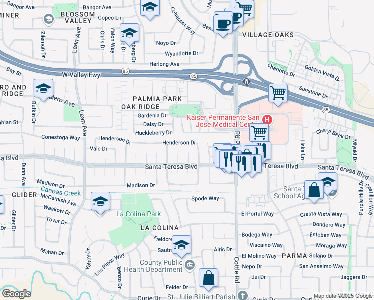 map of restaurants, bars, coffee shops, grocery stores, and more near 306 Henderson Drive in San Jose