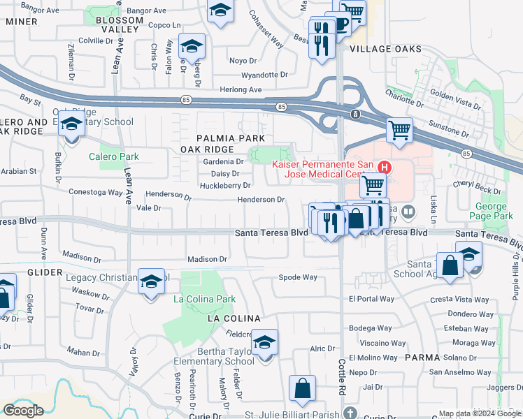 map of restaurants, bars, coffee shops, grocery stores, and more near 6054 Stanley Court in San Jose