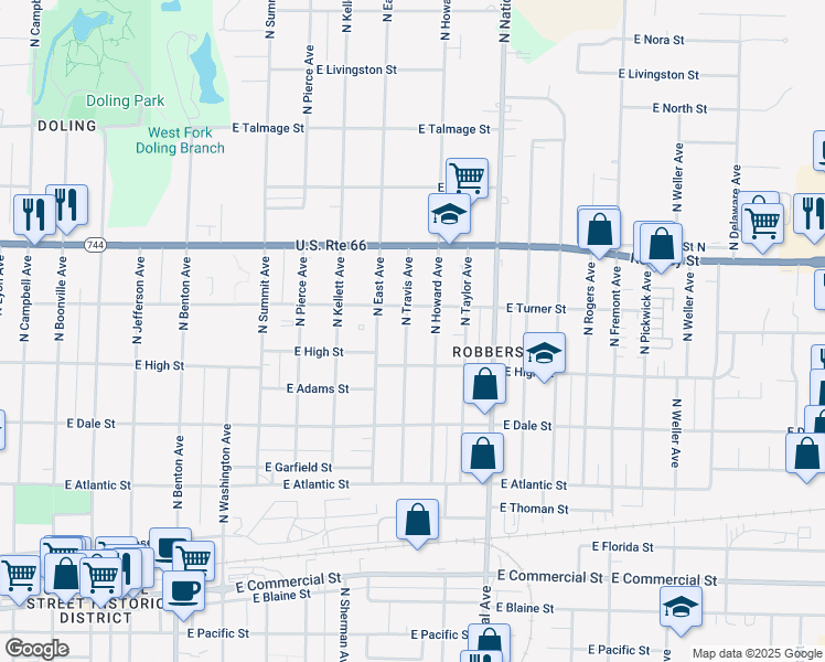 map of restaurants, bars, coffee shops, grocery stores, and more near 2215 North Howard Avenue in Springfield