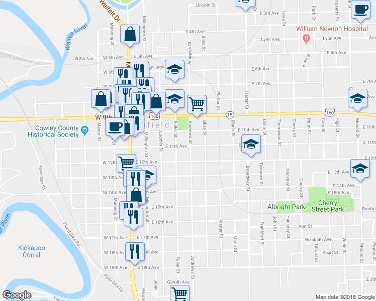 map of restaurants, bars, coffee shops, grocery stores, and more near 421 East 11th Avenue in Winfield