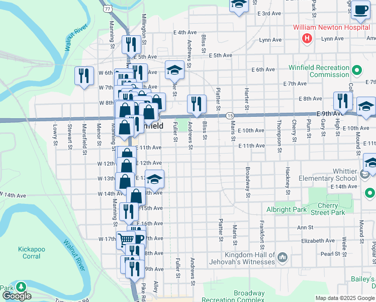 map of restaurants, bars, coffee shops, grocery stores, and more near 421 East 11th Avenue in Winfield
