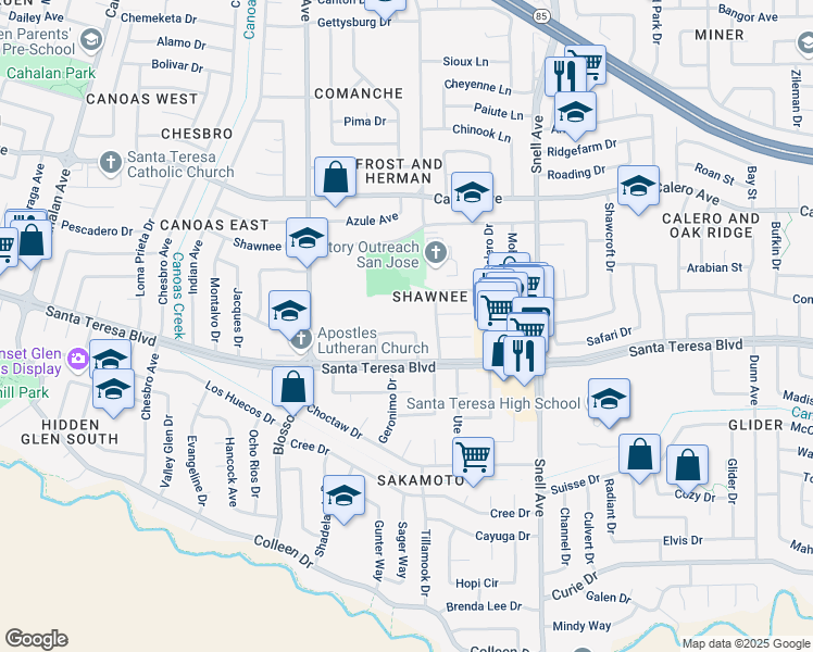 map of restaurants, bars, coffee shops, grocery stores, and more near 625 Kiowa Circle in San Jose