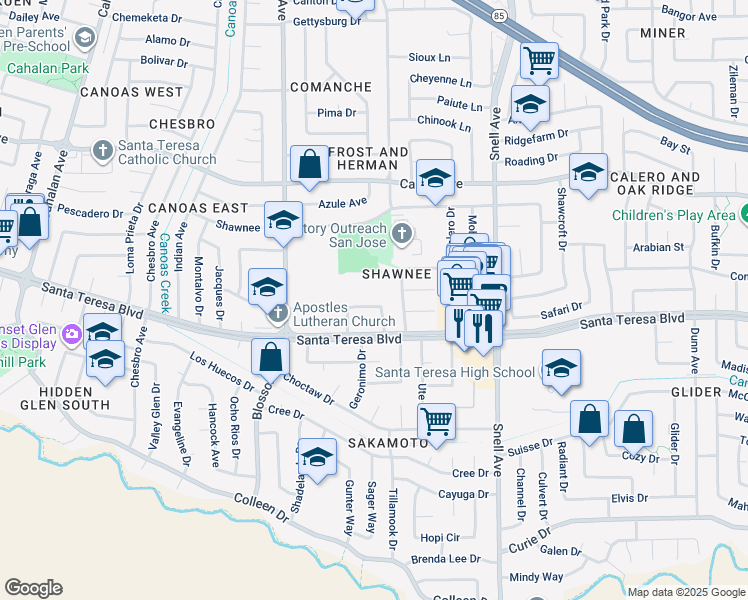 map of restaurants, bars, coffee shops, grocery stores, and more near 626 Kiowa Circle in San Jose