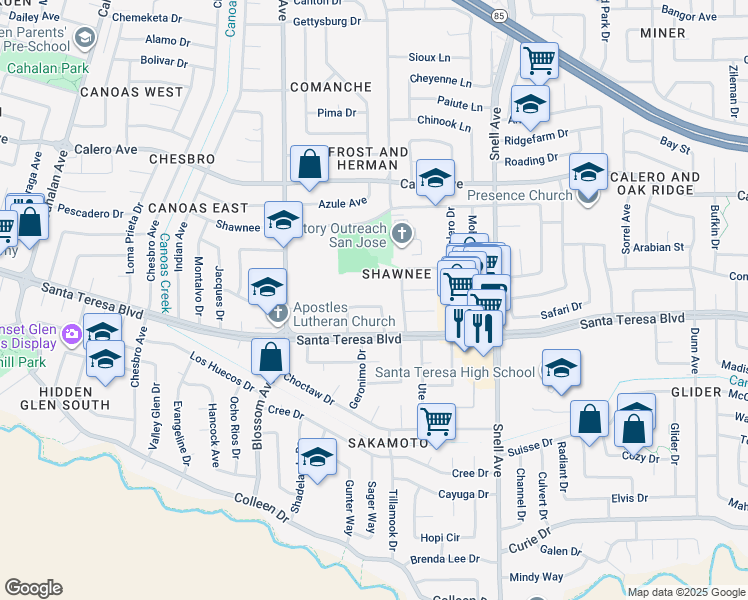 map of restaurants, bars, coffee shops, grocery stores, and more near 625 Kiowa Circle in San Jose