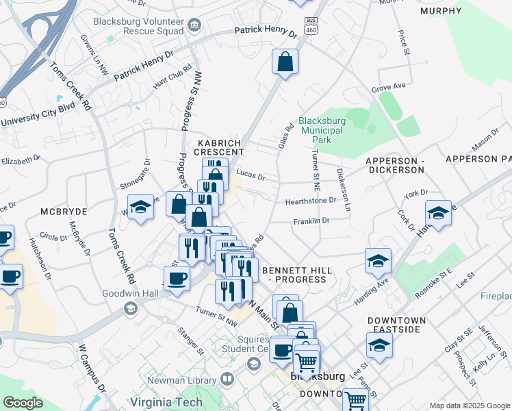 map of restaurants, bars, coffee shops, grocery stores, and more near 118 Hearthstone Drive in Blacksburg