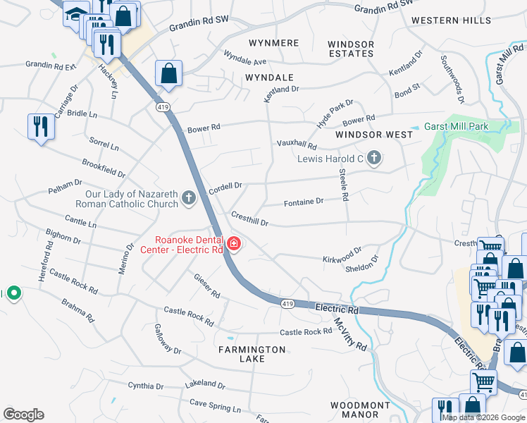map of restaurants, bars, coffee shops, grocery stores, and more near 4557-4565 Cresthill Drive in Cave Spring