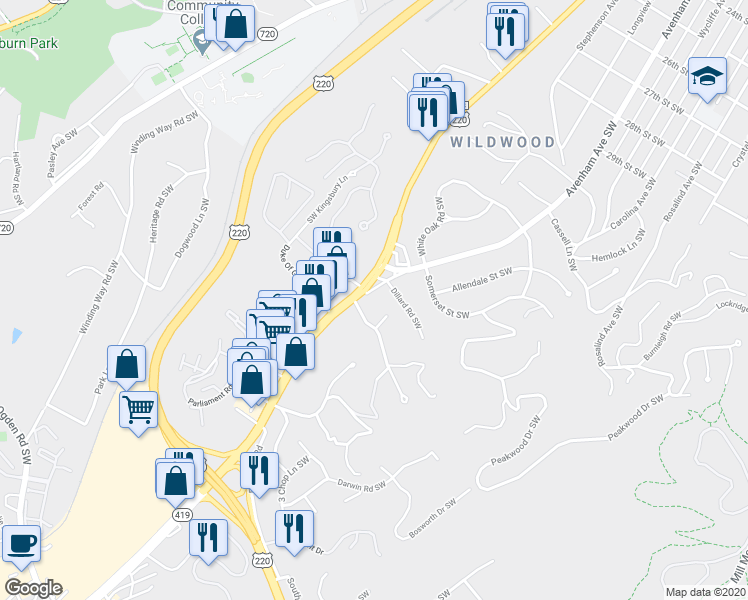 map of restaurants, bars, coffee shops, grocery stores, and more near 3422 Avenham Avenue Southwest in Roanoke