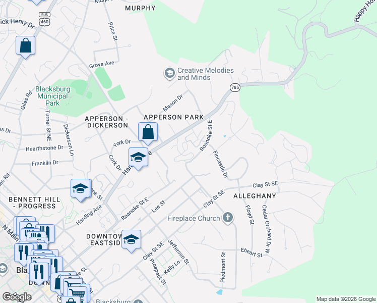 map of restaurants, bars, coffee shops, grocery stores, and more near 900-1098 Roanoke Street East in Blacksburg