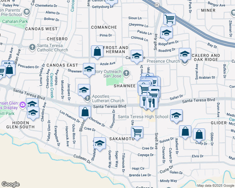 map of restaurants, bars, coffee shops, grocery stores, and more near 626 Kiowa Circle in San Jose