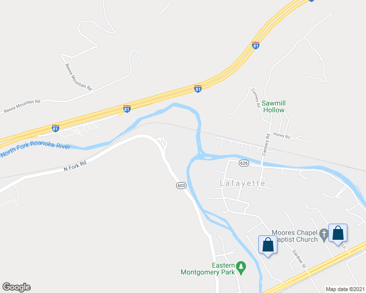 map of restaurants, bars, coffee shops, grocery stores, and more near 5720 North Fork Road in Elliston