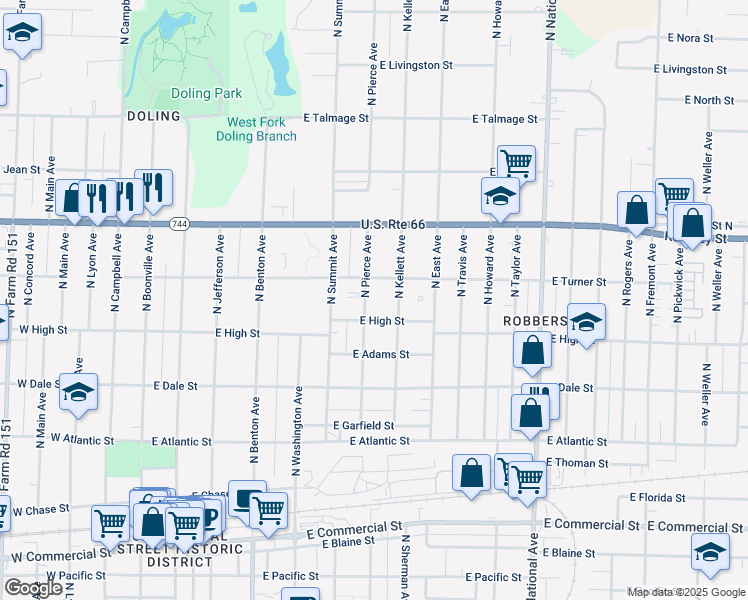 map of restaurants, bars, coffee shops, grocery stores, and more near 2202 North Pierce Avenue in Springfield