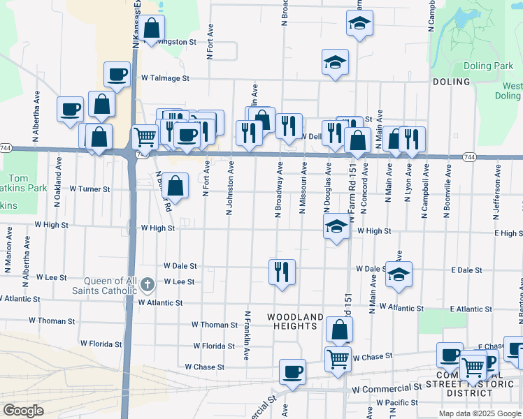map of restaurants, bars, coffee shops, grocery stores, and more near 1019 West High Street in Springfield