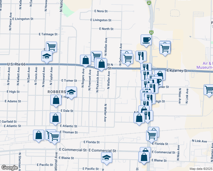 map of restaurants, bars, coffee shops, grocery stores, and more near 2232 North Weller Avenue in Springfield