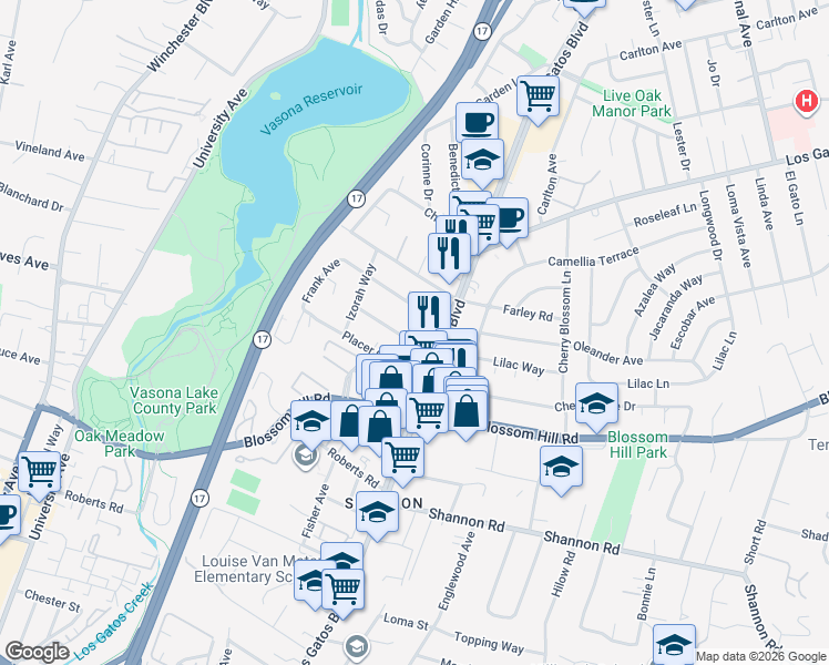 map of restaurants, bars, coffee shops, grocery stores, and more near 16785 Placer Oaks Road in Los Gatos