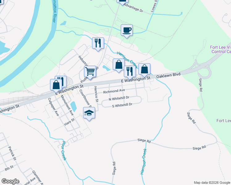 map of restaurants, bars, coffee shops, grocery stores, and more near 2111 North Whitehill Drive in Petersburg