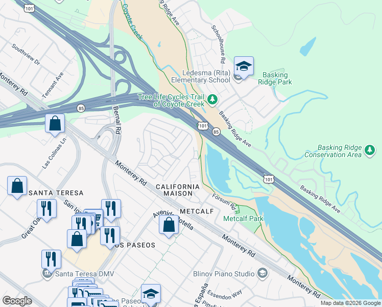 map of restaurants, bars, coffee shops, grocery stores, and more near 6909 Rodling Drive in San Jose