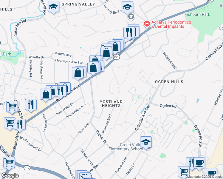 map of restaurants, bars, coffee shops, grocery stores, and more near 3586-3598 Forester Road Southwest in Roanoke
