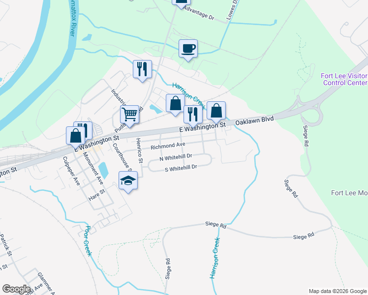 map of restaurants, bars, coffee shops, grocery stores, and more near 2206 North Whitehill Drive in Petersburg
