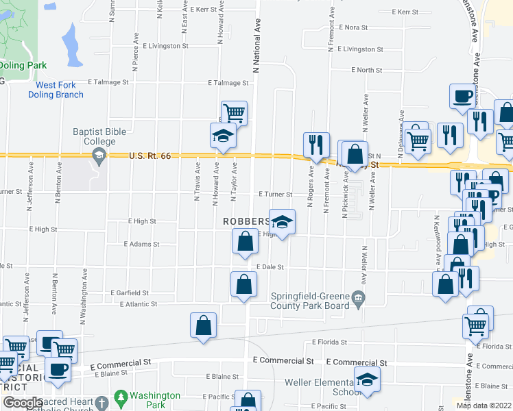 map of restaurants, bars, coffee shops, grocery stores, and more near 2246 North National Avenue in Springfield