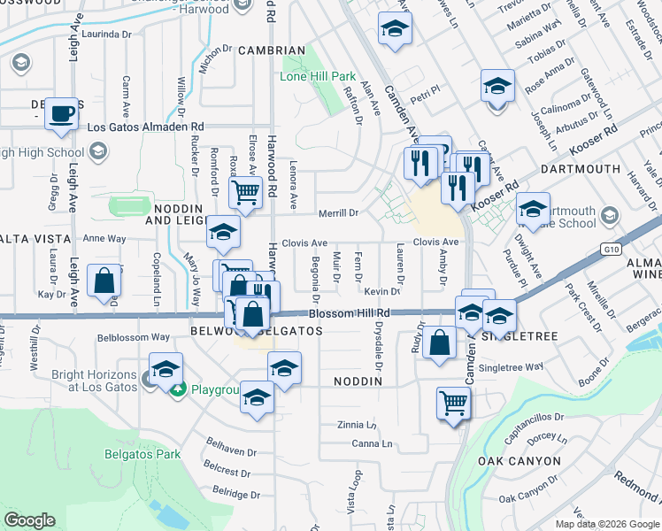 map of restaurants, bars, coffee shops, grocery stores, and more near 5528 Muir Drive in San Jose
