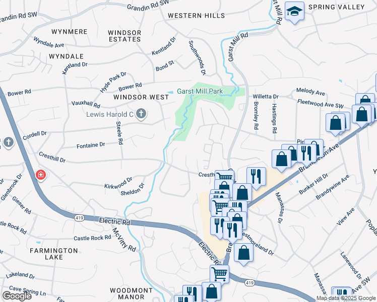 map of restaurants, bars, coffee shops, grocery stores, and more near 4239 Millcrest Court in Roanoke