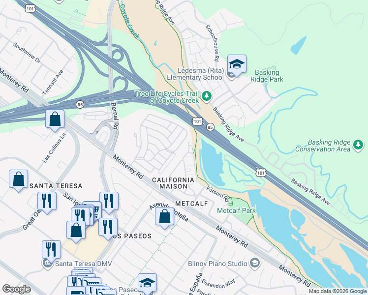 map of restaurants, bars, coffee shops, grocery stores, and more near 6909 Rodling Drive in San Jose