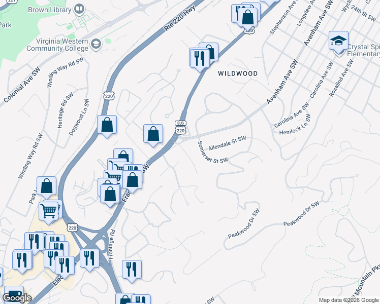 map of restaurants, bars, coffee shops, grocery stores, and more near 540 Dillard Road Southwest in Roanoke