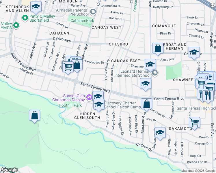map of restaurants, bars, coffee shops, grocery stores, and more near 6106 Manteca Court in San Jose