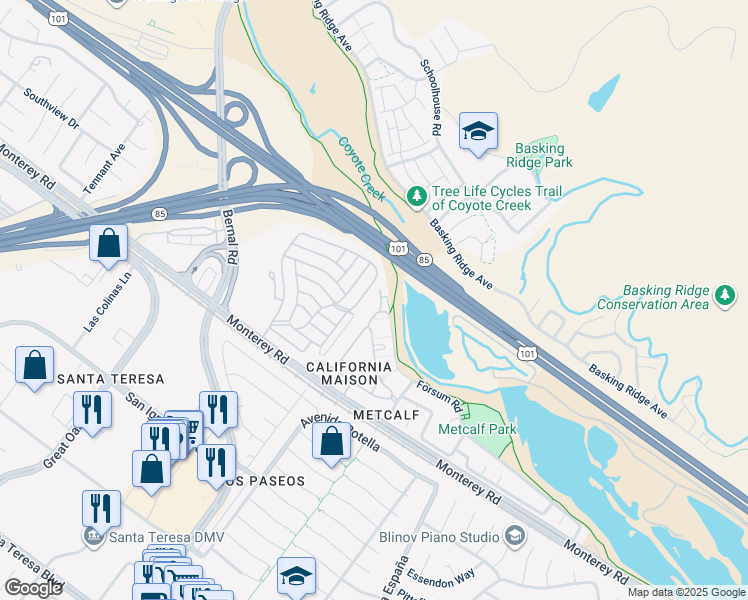 map of restaurants, bars, coffee shops, grocery stores, and more near 6938 Forsum Road in San Jose