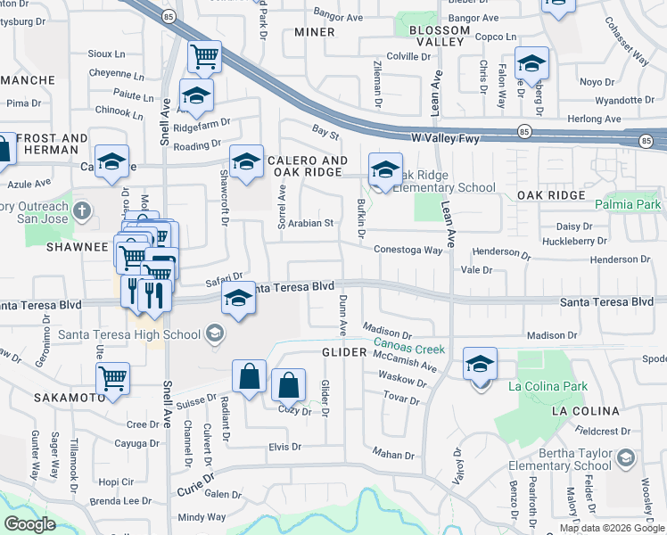 map of restaurants, bars, coffee shops, grocery stores, and more near 5995 Santa Teresa Boulevard in San Jose