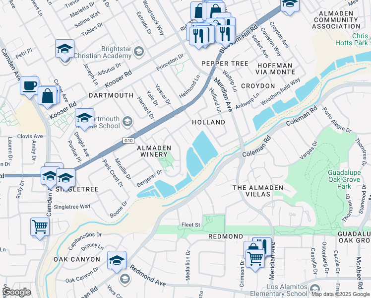 map of restaurants, bars, coffee shops, grocery stores, and more near 5793 Chambertin Drive in San Jose