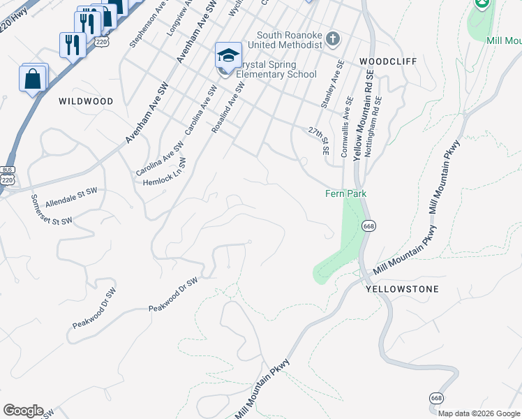 map of restaurants, bars, coffee shops, grocery stores, and more near 2954 Lockridge Rd SW in Roanoke