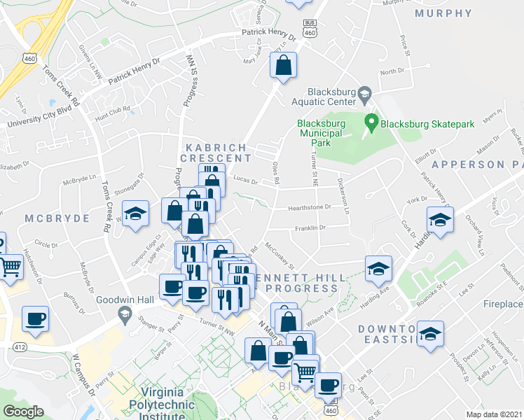 map of restaurants, bars, coffee shops, grocery stores, and more near 407 Giles Road in Blacksburg