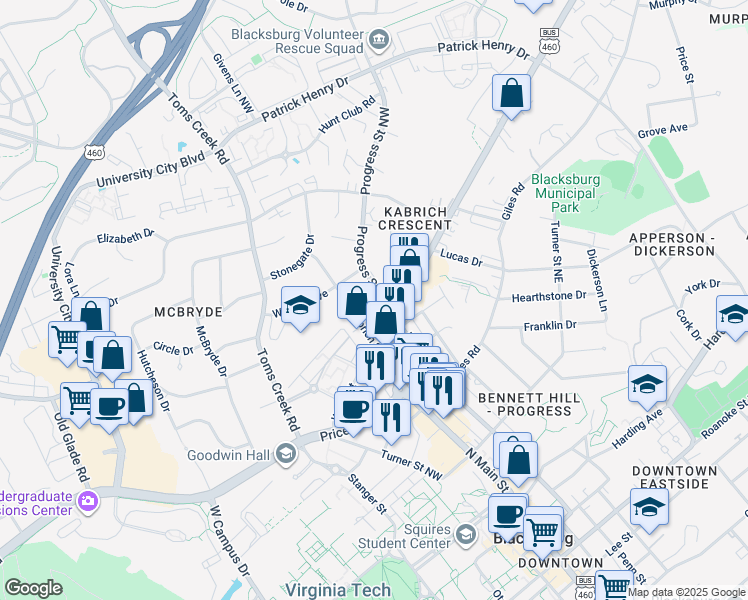 map of restaurants, bars, coffee shops, grocery stores, and more near 900-902 Kabrich Street in Blacksburg