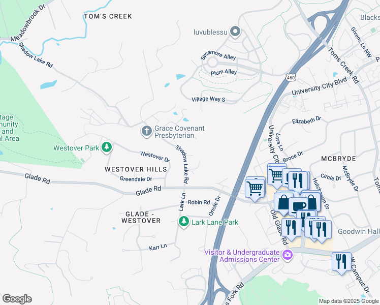 map of restaurants, bars, coffee shops, grocery stores, and more near 1910 Shadow Lake Road in Blacksburg