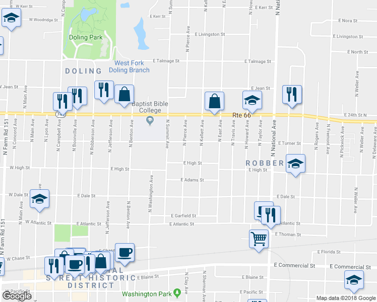 map of restaurants, bars, coffee shops, grocery stores, and more near 2202 North Pierce Avenue in Springfield