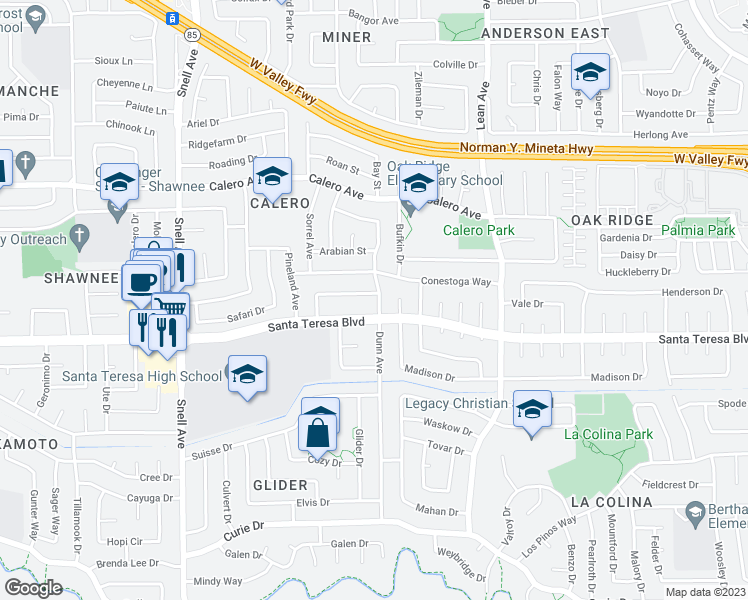 map of restaurants, bars, coffee shops, grocery stores, and more near 5995 Santa Teresa Boulevard in San Jose