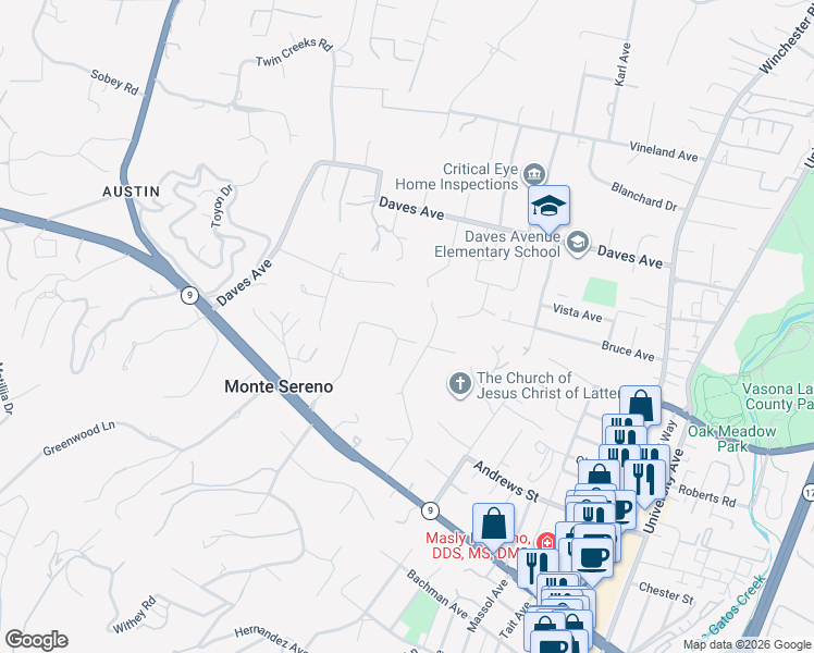map of restaurants, bars, coffee shops, grocery stores, and more near 15965 Grandview Drive in Monte Sereno